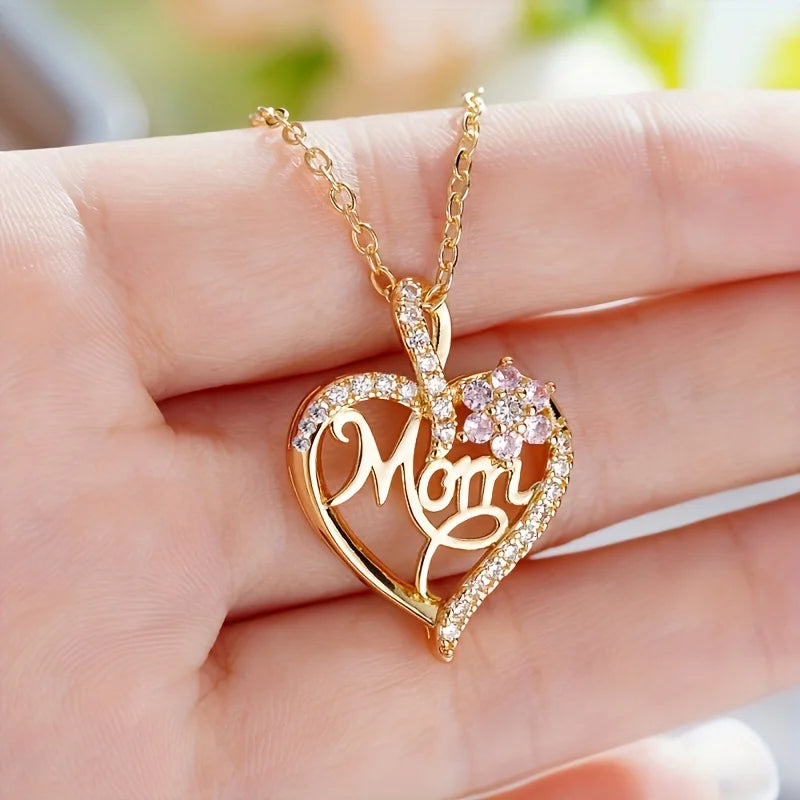 Mom Heart Pendant Necklace With Rose Gift Box